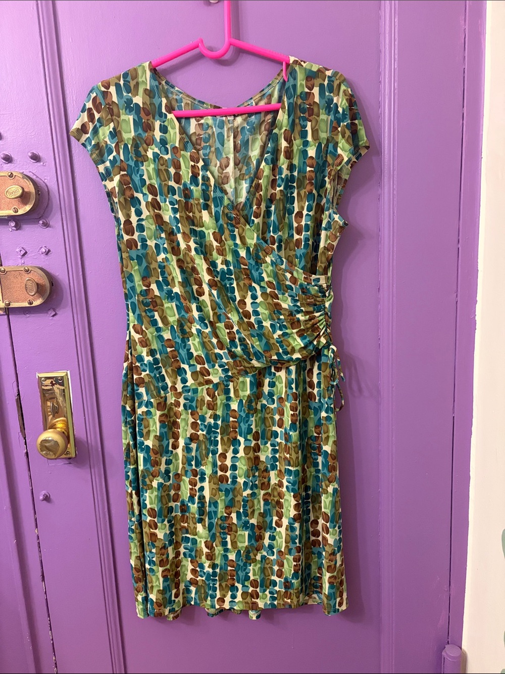 Women’s Faux Wrap-Style Printed Dress in Teal & Brown